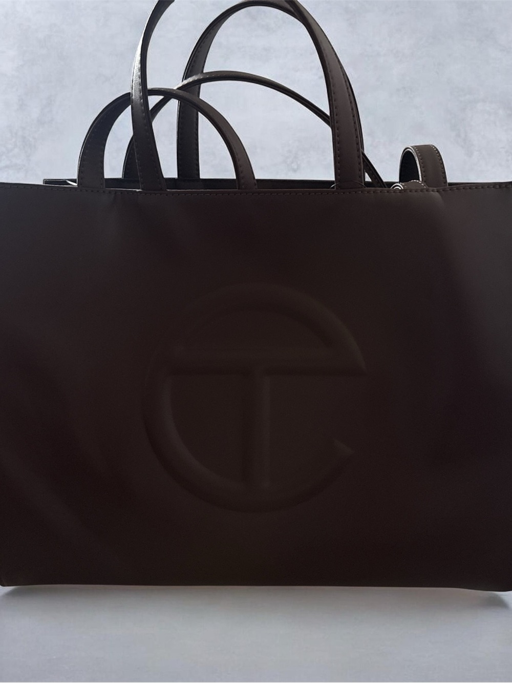 Telfar Black Leather Tote with Embossed Logo